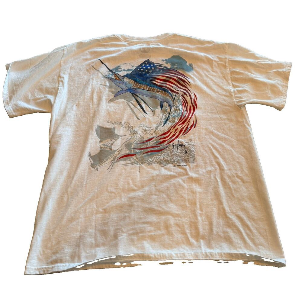 Guy Harvey Men's L Patriotic Sailfish S/S 100% Ctn T-Shirt white Sport Fishing